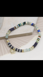 Gold Heart Charm on Grey-Blue Semi Precious Stone Bracelet