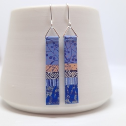 Long Slim Earrings - Hand Painted Paper in Lacquer - Blue