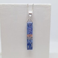 Long Slim Pendant - Hand Painted Paper in Lacquer - Blue