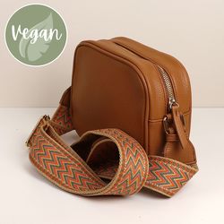 Classic Tan Vegan Leather Camera Bag with Orange & Sage Chevron Strap