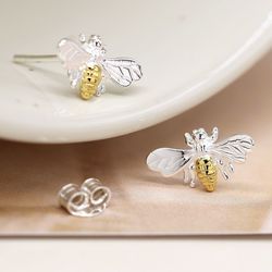 Sterling silver bee stud earrings with gold plating
