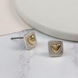 Silver Plated Square Earrings With Gold Heart