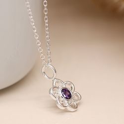 Sterling Silver Flower & Purple Crystal Necklace