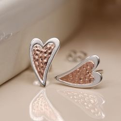 Sterling Silver & Rose Gold Textured Heart Stud Earrings