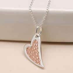 Sterling Silver & Rose Gold Textured Heart Stud Necklace