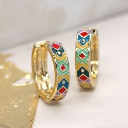 Golden Tribal Inspired Enamel Hoop Earrings