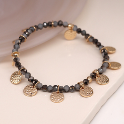 Black/Grey Crystal Bead Bracelet with Hammered Faux Gold Discs