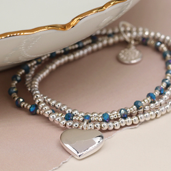 Silver Plated Triple Layer Bracelet with Blue Beads & Heart Charm