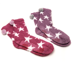 Pink/Lilac Star Design Pompom Cosy Socks - 2pk