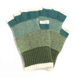 Pale Grey/Sage/Mint Block Stripe Ladies Fingerless Knitted Gloves