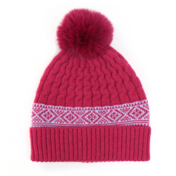 Deep Pink Hat Cable Knit with Diamond Fair Isle Border & Matching Pompom