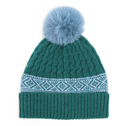 Green Hat Cable Knit with Diamond Fair Isle Border & Matching Pompom