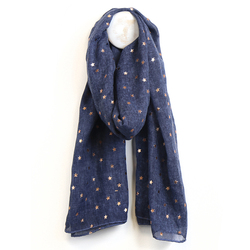 Dusky Navy Washed Recycled Polyester Scarf with Gold Foil Stars