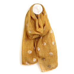 Mustard Washed Recycled Polyester Scarf with Skeleton Leaf Foil Print