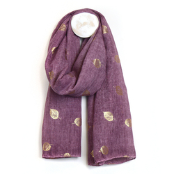 Berry Washed Recycled Polyester Scarf with Skeleton Leaf Foil Print