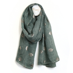Seafoam Washed Recycled Polyester Scarf with Skeleton Leaf Foil Print