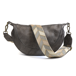 Pewter Vegan Leather Half Moon Bag with Grey Chevron Removeable Strap