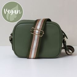 Soft Khaki Vegan Leather Camera Bag with Stripe Strap