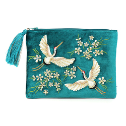 Bright Teal Embroidered & Beaded Flying Cranes & Flowers Velvet Purse with Zip Tassel