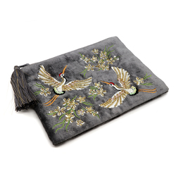 Smokey Grey Embroidered & Beaded Flying Cranes & Flowers Velvet Purse with Zip Tassel
