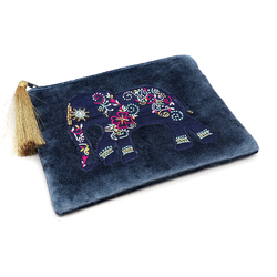 Dusky Blue-Grey Embroidered & Beaded Elephant Velvet Purse with Zip Tassel