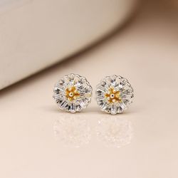 Silver Plated Daisy Stud Earrings with Gold Centre