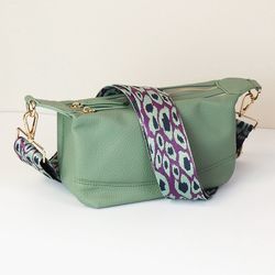 Pale Green Vegan Leather Double Zip Bag with Animal Strap