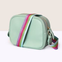 Mint Green Vegan Leather Camera Bag with Pastel Rainbow Strap
