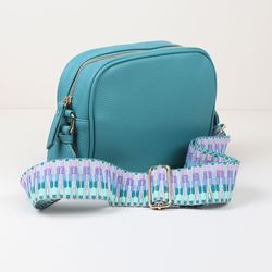 Turquoise Vegan Leather Camera Bag with Pastel Strap