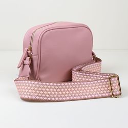 Dusky Pink Vegan Leather Camera Bag with Woven Pastel Strap