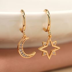 Faux Gold Mismtched Moon & Star Crystal Earrings
