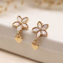 Golden Inset Flower & Heart Charm Earrings