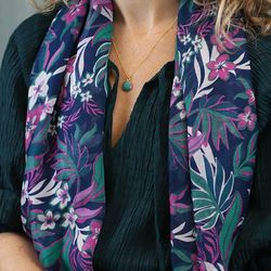 Teal Mixed Tropical Floral Vine Print Scarf