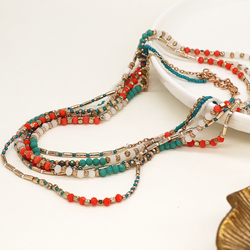 Truquoise, Coral & Gold Beaded Boho Necklace