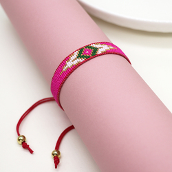Bright Pink 'Evil Eye' Handloomed Beaded Ribbon Bracelet