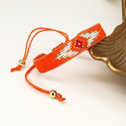 Bright Orange 'Evil Eye' Handloomed Beaded Ribbon Bracelet