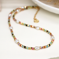 Glass Bead & Freshwater Pearl Necklace - Multi
