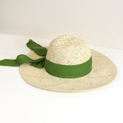 Cream Wide Brim Sun Hat with Green Ribbon Trim