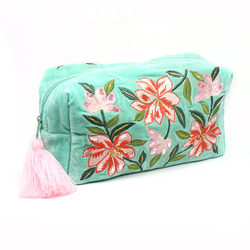 Turquoise Velvet Embroidered Lily Makeup Bag