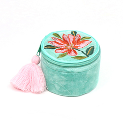 Turquoise Velvet Embroidered Lily Jewellery Box