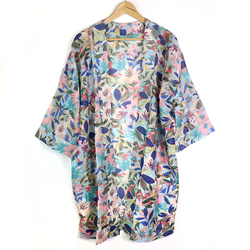 Blues & Pinks & Khaki Flowers & Leaves Print Longer Length Kimono