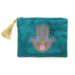 Bright Teal Velvet Purse with Embroidered Hand