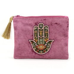 Dusky Pink Velvet Purse with Embroidered Hand