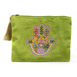 Bright Green Velvet Purse with Embroidered Hand