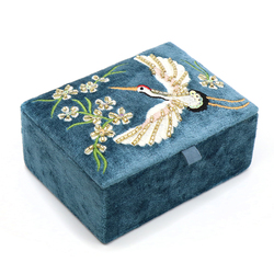 Blue Velvet Jewellery Box with Emroidered Crane