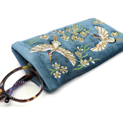 Blue Velvet Glasses Case with Emroidered Crane