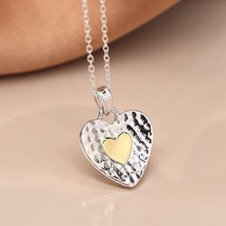 Sterling Silver Hammered Heart Pendant with Brass Heart Inlay