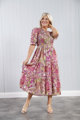 Multi Print Shirred Dress - Magenta