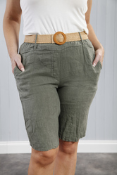 Linen Belted Shorts - Khaki