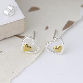 Double Heart Silver Earring With Gold Hearts